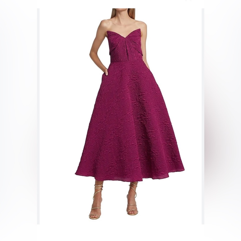 Theia Ellie Aline Midi - wineberry strapless jacquard. Beautiful